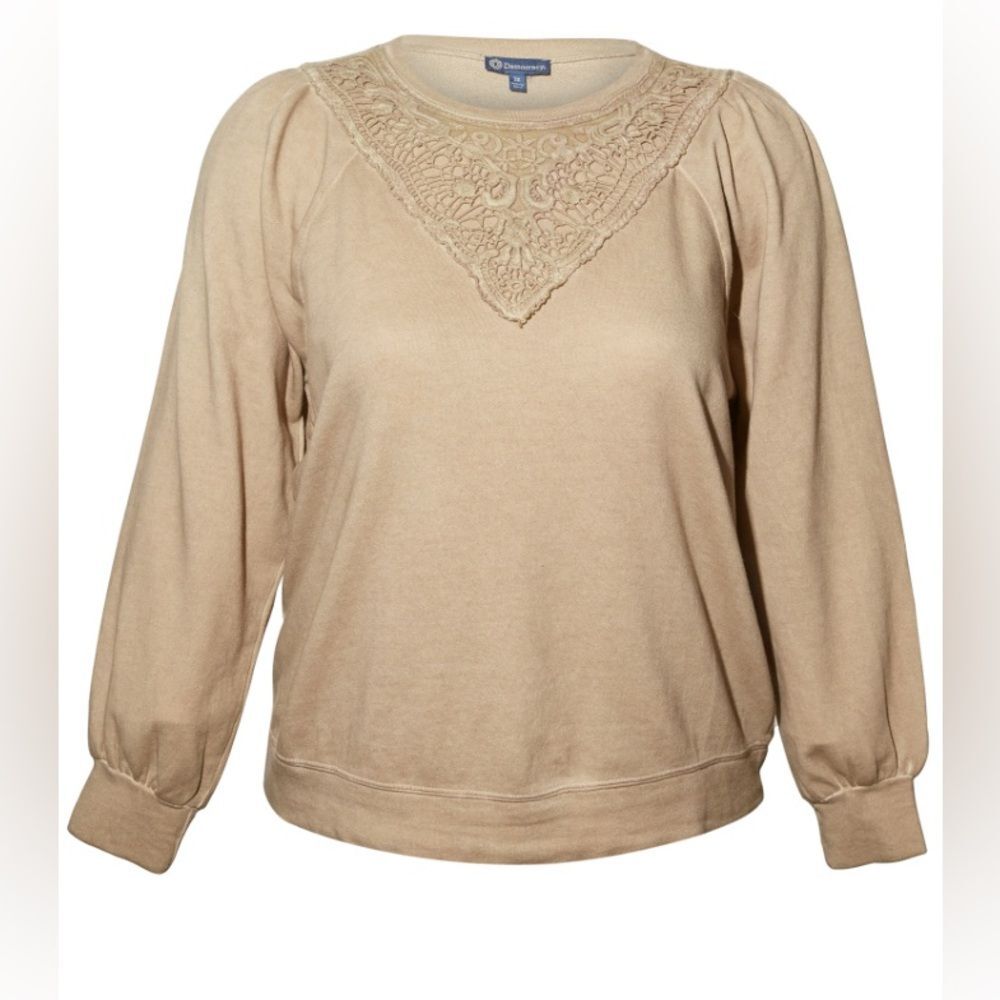 Democracy Long Blouson Puff Shoulder Crew Neck Lace Applique Sweatshirt Beige XL